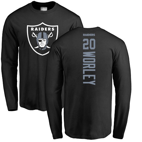 Men Oakland Raiders Black Daryl Worley Backer NFL Football #20 Long Sleeve T Shirt